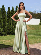 A-Line/Princess Silk Like Satin Ruffles Straps Sleeveless Floor-Length Bridesmaid Dresses