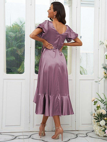 A-Linie/Princess-Linie Seide wie Satin Rüschen V-Ausschnitt Kurze Ärmel Asymmetrisch Brautjungfernkleider