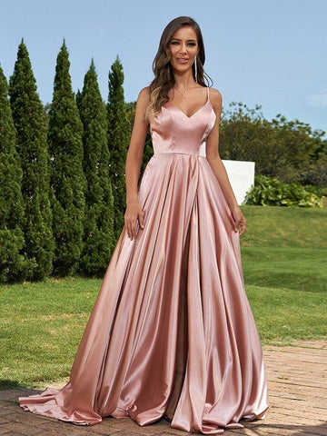 A-Linie/Princess-Linie Seide wie Satin Rüschen V-Ausschnitt Ärmellos Sweep/Pinsel zug Brautjungfernkleider