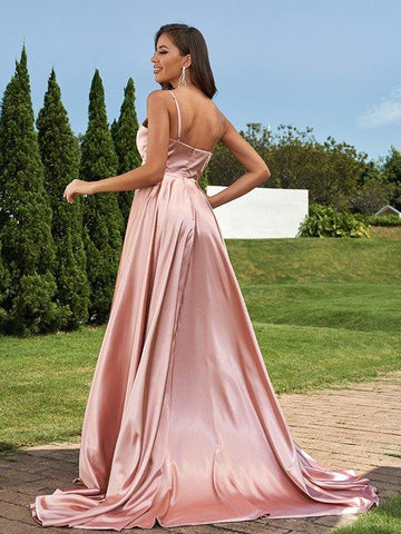 A-Linie/Princess-Linie Seide wie Satin Rüschen V-Ausschnitt Ärmellos Sweep/Pinsel zug Brautjungfernkleider