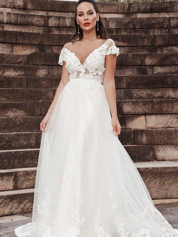 A-Linie/Princess-Linie Ärmellos Applikationen V-Ausschnitt Tüll Sweep/Pinsel zug Brautkleider