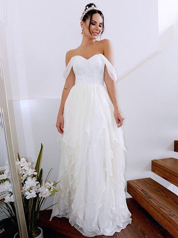 A-Linie/Princess-Linie Ärmellos Schulterfrei Rüschen Chiffon Bodenlang Brautkleider