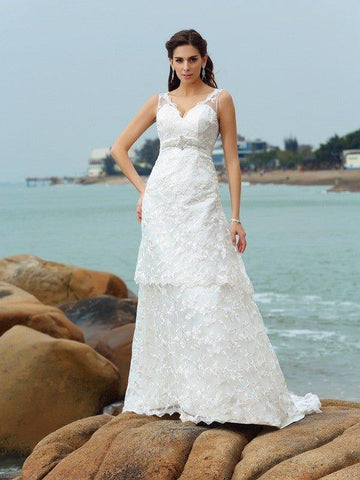 A-Linie/Princess-Linie Träger Applikationen Ärmellos Lange Satin Beach Brautkleider