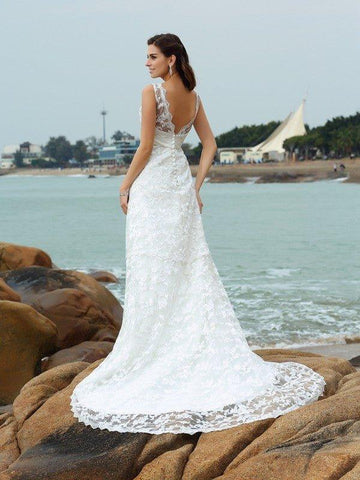 A-Linie/Princess-Linie Träger Applikationen Ärmellos Lange Satin Beach Brautkleider