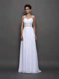 Abito da sposa in chiffon lungo senza maniche con spalline e perline linea A/principessa