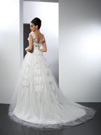 A-Line/Princess Straps Lace Sleeveless Long Satin Wedding Dresses