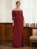 Abito da Sposa per la Madre della Sposa in Tinta Unita con Scollo a Spalla Scoperta, Manica Tre Quarti, Lunghezza Pavimento, Linea A/Principessa in Crepe Stretch con Pizzo