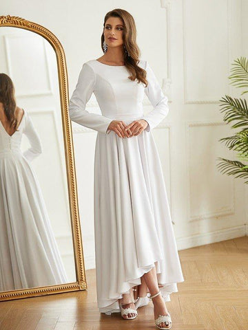 A-Linie/Princess-Linie Stretch-Krepp Rüschen U-Ausschnitt Lange Ärmel Asymmetrisch Brautkleider