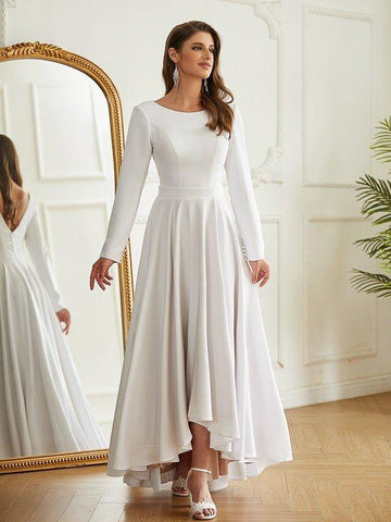 A-Linie/Princess-Linie Stretch-Krepp Rüschen U-Ausschnitt Lange Ärmel Asymmetrisch Brautkleider