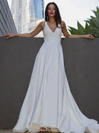 A-Line/Princess Stretch Crepe Ruffles V-neck Sleeveless Sweep/Brush Train Wedding Dresses