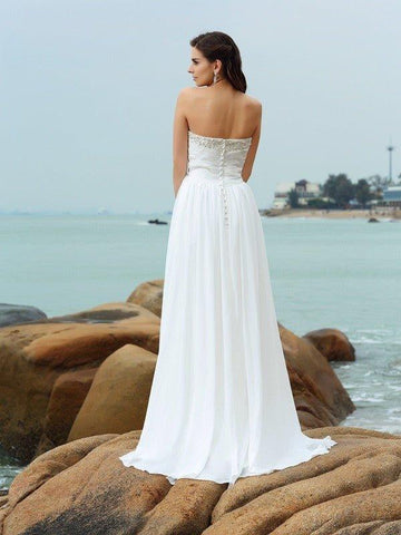 A-Linie/Princess-Linie Herzausschnitt Perlen verziert Ärmellos Lange Chiffon Beach Brautkleider