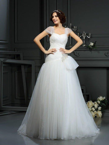 A-Linie/Princess-Linie Herzausschnitt Perlen verziert Ärmellos Lange Organza Brautkleider