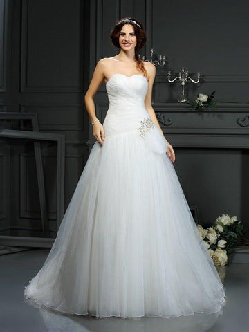 A-Linie/Princess-Linie Herzausschnitt Perlen verziert Ärmellos Lange Organza Brautkleider
