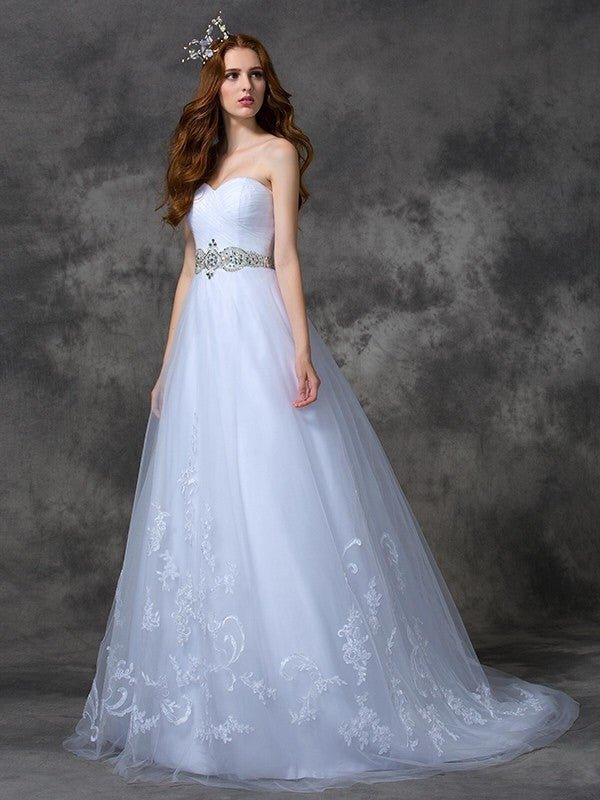 A-line/Princess Sweetheart Beading Sleeveless Long Satin Wedding Dresses