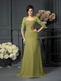 Vestidos compridos em chiffon para mãe da noiva, corte princesa, decote em A, com decote em coração e flores feitas à mão, mangas 1/2