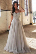 Abito da ballo lungo in tulle argento con scollatura a cuore e linea A/Principessa PG782