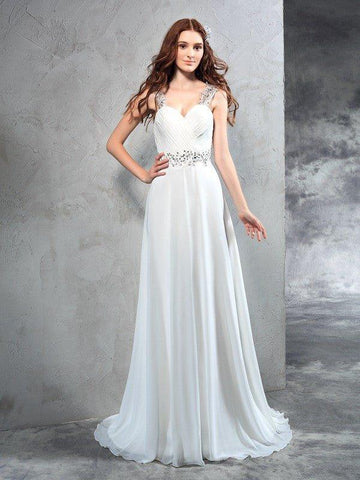 A-Linie/Princess-Linie Herzausschnitt Falten Ärmellos Lange Chiffon Brautkleider