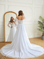 A-Line/Princess Tulle Applique Off-the-Shoulder Long Sleeves Chapel Train Wedding Dresses