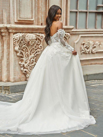 A-Linie/Princess-Linie Tüll Applikationen Schulterfrei Lange Ärmel Sweep/Pinsel zug Brautkleider