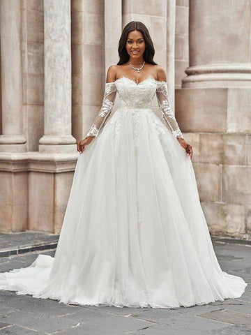 A-Linie/Princess-Linie Tüll Applikationen Schulterfrei Lange Ärmel Sweep/Pinsel zug Brautkleider