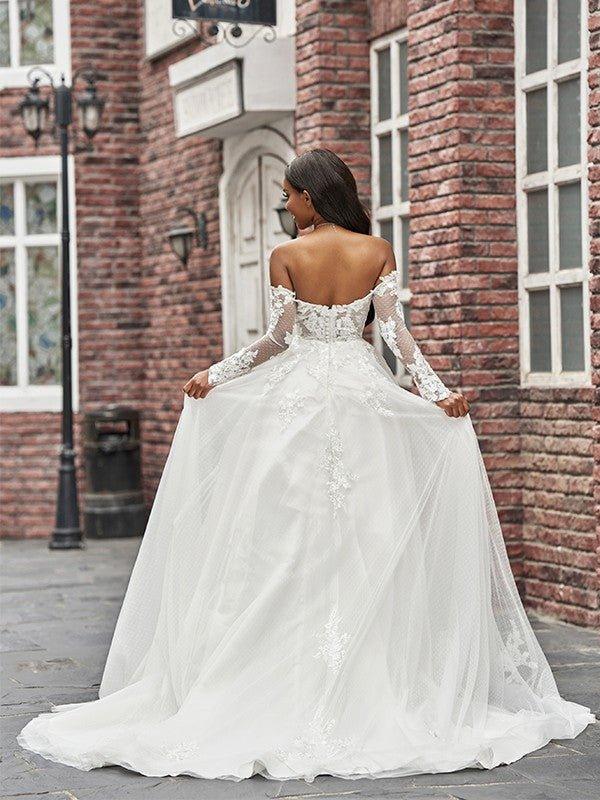A-Line/Princess Tulle Applique Off-the-Shoulder Long Sleeves Sweep/Brush Train Wedding Dresses