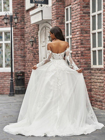 A-Linie/Princess-Linie Tüll Applikationen Schulterfrei Lange Ärmel Sweep/Pinsel zug Brautkleider