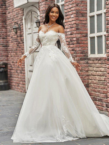 A-Linie/Princess-Linie Tüll Applikationen Schulterfrei Lange Ärmel Sweep/Pinsel zug Brautkleider
