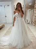 Abito da Sposa in Tulle con Applique, Scollatura a Spalla Scoperta, Senza Maniche, con Strascico a Pennello e Linea a A/Principessa
