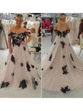 Abito da Sposa in Tulle con Applique, Scollatura a Spalla Scoperta, Senza Maniche, con Strascico a Pennello e Linea a A/Principessa