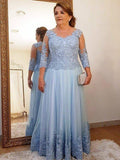 Vestidos de mãe da noiva em corte princesa com aplicações em tule e decote redondo, mangas 3/4 e comprimento até ao chão