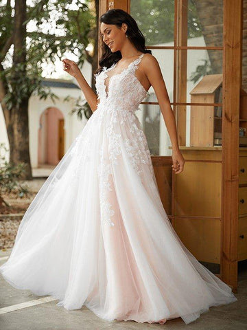 A-Linie/Princess-Linie Tüll Applikationen U-Ausschnitt Ärmellos Sweep/Pinsel zug Brautkleider