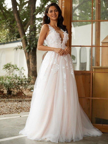 A-Linie/Princess-Linie Tüll Applikationen U-Ausschnitt Ärmellos Sweep/Pinsel zug Brautkleider