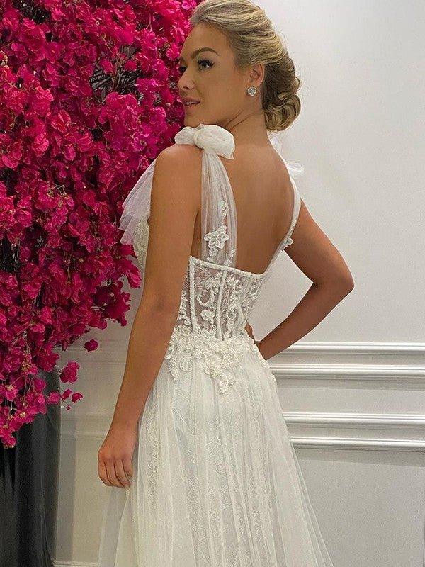 A-Line/Princess Tulle Applique Sleeveless Straps Sweep/Brush Train Wedding Dresses