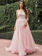 A-Line/Princess Tulle Applique Straps Sleeveless Sweep/Brush Train Wedding Dresses