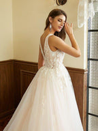 A-Line/Princess Tulle Applique V-neck Sleeveless Cathedral Train Wedding Dresses