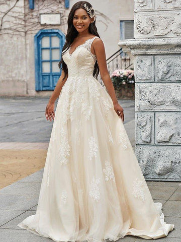 A-Linie/Princess-Linie Tüll Applikationen V-Ausschnitt Ärmellos Sweep/Pinsel zug Brautkleider