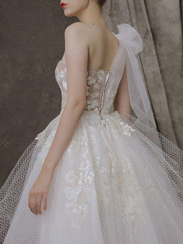 A-Linie/Princess-Linie Tüll Spitze One-Shoulder-Träger Ärmellos Asymmetrisch Brautkleider