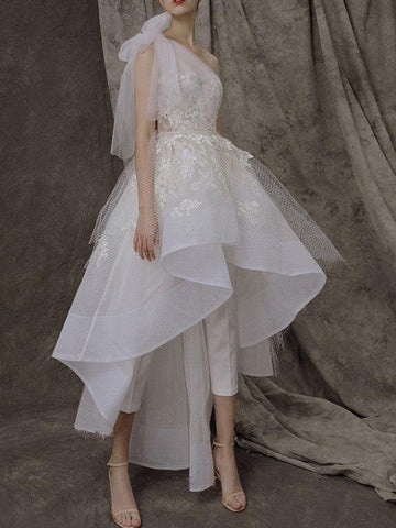 A-Linie/Princess-Linie Tüll Spitze One-Shoulder-Träger Ärmellos Asymmetrisch Brautkleider
