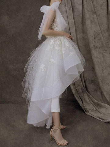 A-Linie/Princess-Linie Tüll Spitze One-Shoulder-Träger Ärmellos Asymmetrisch Brautkleider
