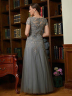 A-Line/Princess Tulle Lace Scoop Short Sleeves Floor-Length Mother of the Bride Dresses