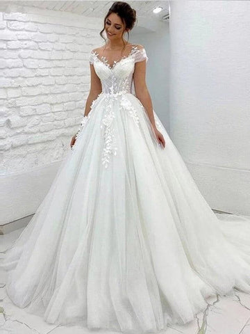 A-Linie/Princess-Linie Tüll Spitze U-Ausschnitt Kurze Ärmel Sweep/Pinsel zug Brautkleider