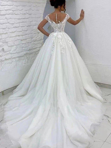 A-Linie/Princess-Linie Tüll Spitze U-Ausschnitt Kurze Ärmel Sweep/Pinsel zug Brautkleider