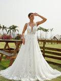 Vestidos de noiva princesa com decote em V e cauda comprida, sem mangas, em tule e renda