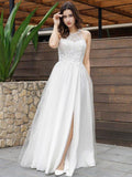 Vestidos de novia de línea A/princesa de tul y encaje con escote redondo, sin mangas y largos hasta el suelo