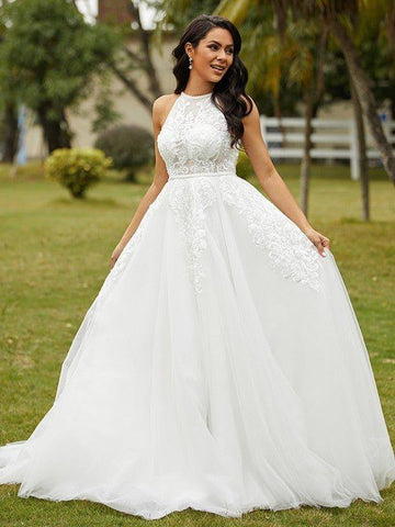 A-Linie/Princess-Linie Tüll Spitze U-Ausschnitt Ärmellos Sweep/Pinsel zug Brautkleider