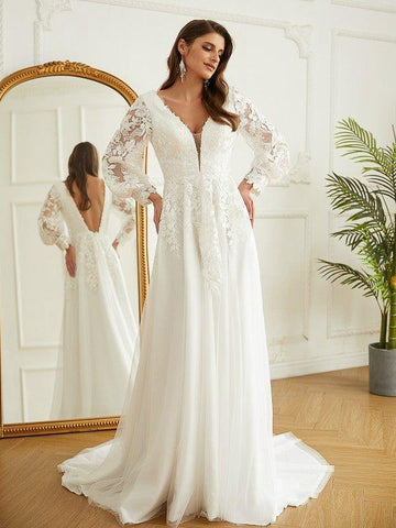 A-Linie/Princess-Linie Tüll Spitze V-Ausschnitt Lange Ärmel Hof-schleppe Brautkleider