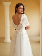 A-Line/Princess Tulle Lace V-neck Short Sleeves Floor-Length Wedding Dresses