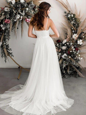 A-Linie/Princess-Linie Tüll Spitze V-Ausschnitt Ärmellos Sweep/Pinsel zug Brautkleider
