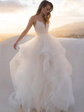 Vestidos de novia de corte princesa en línea A con escote en V, sin mangas, de tul y encaje, y cola barrida