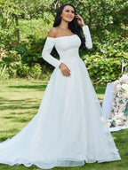 A-Line/Princess Tulle Ruffles Off-the-Shoulder Long Sleeves Sweep/Brush Train Wedding Dresses